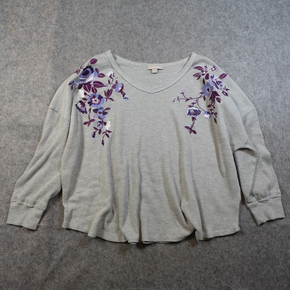Woman Within Top Womens 3X Gray Purple Floral Waffle Knit Thermal Long Sleeve